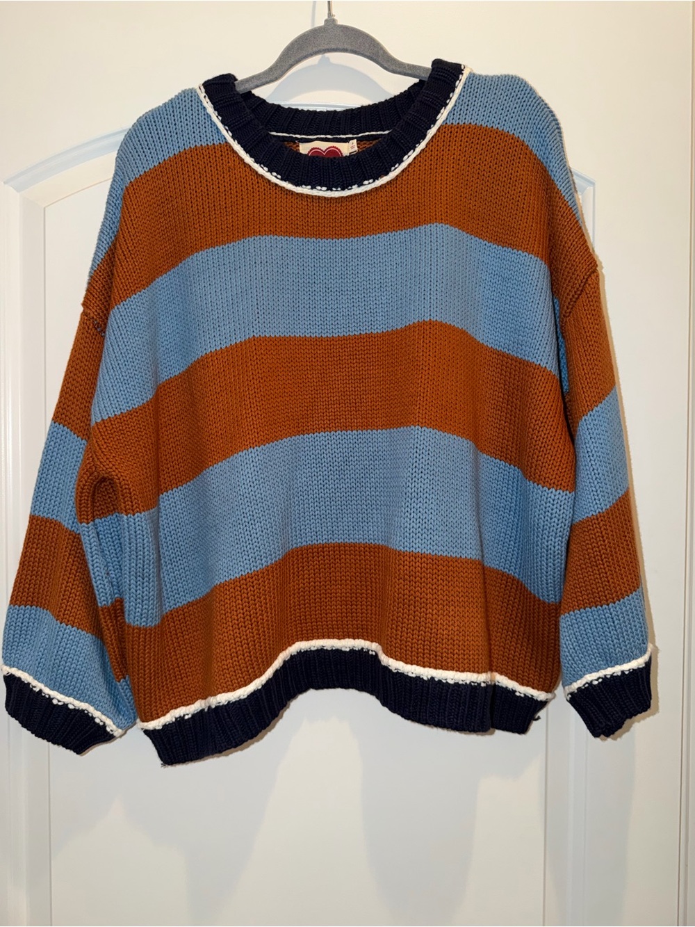 LovLov Colorblock Crewneck Sweater in Rust, Sky Blue & Navy